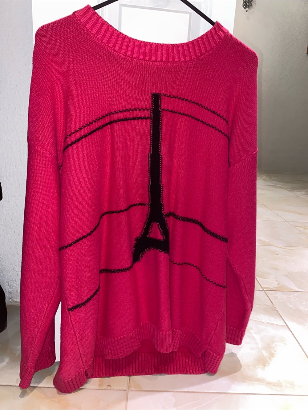 Karl Lagerfeld Fuchsia Crewneck Sweater with Black Eiffel Tower Motif 100%cotton